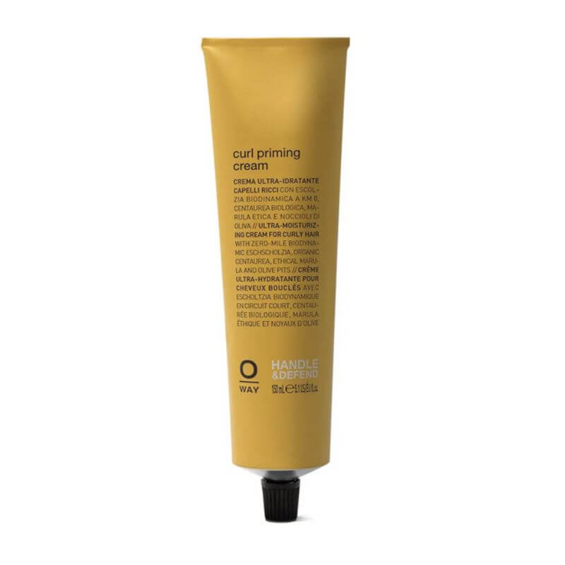 A yellow tube of Oway Curl Priming Cream designed for hydrating and priming curls on wavy to curly hair types.