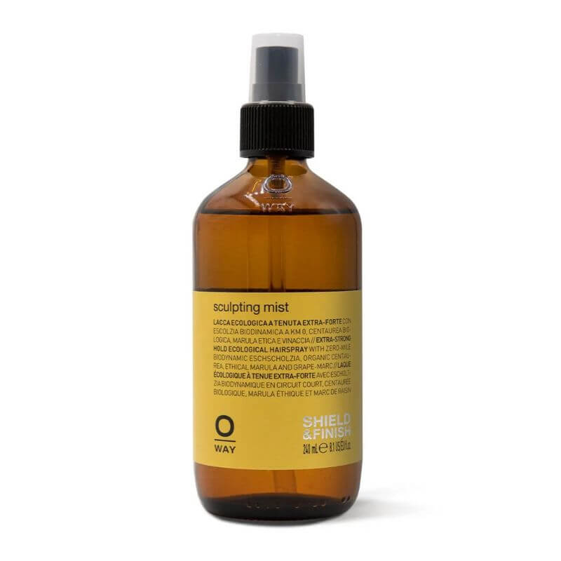 A brown bottle with a white label displaying the product name 'sculpting mist' and the brand 'Oway'.
