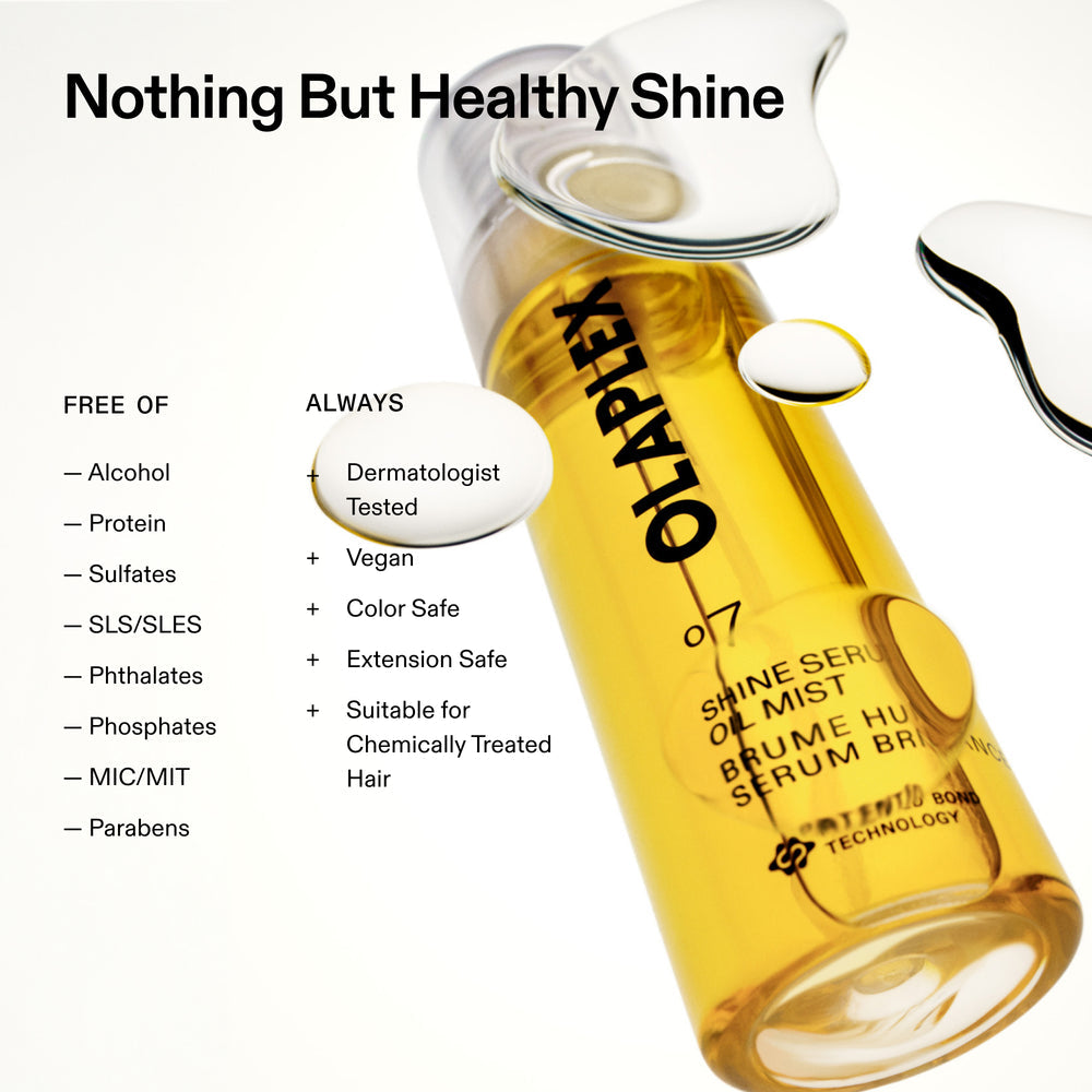 Olaplex No.7 Shine Serum Oil Mist free-of graphic showing vegan, colour safe, extension safe and dermatologist tested claims
