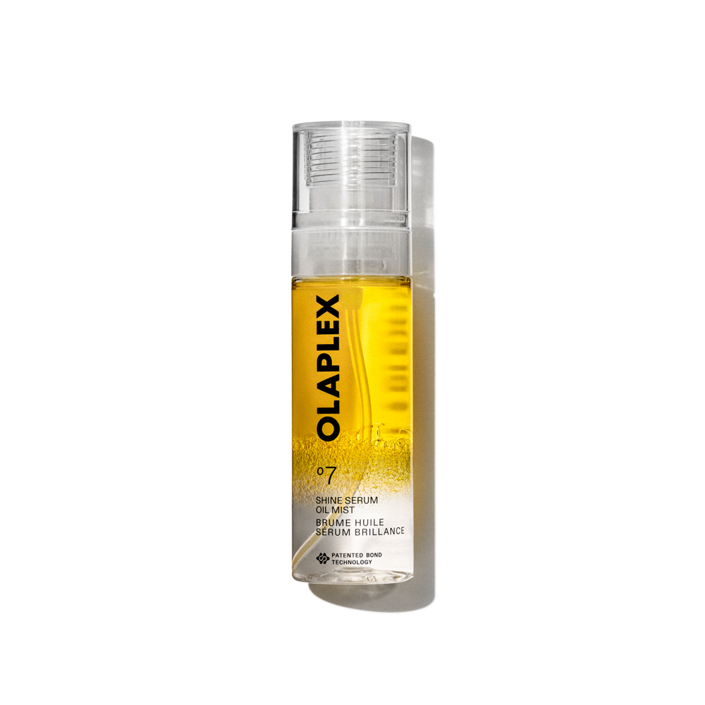 Olaplex No.7 Shine Serum Oil Mist 80ml spray bottle packshot with golden bi-phase serum for instant shine and hydration