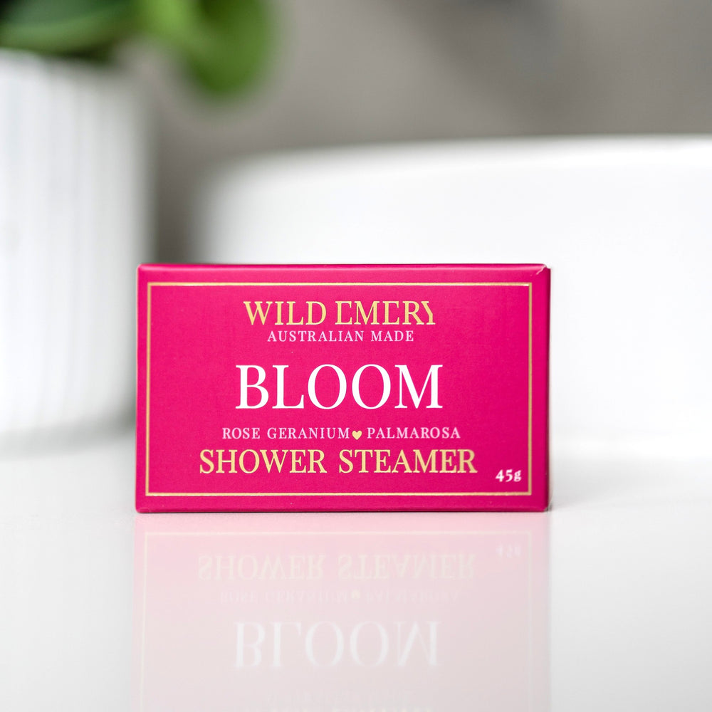 Wild Emery Bloom Shower Steamer, rose geranium and palmarosa aromatherapy scent