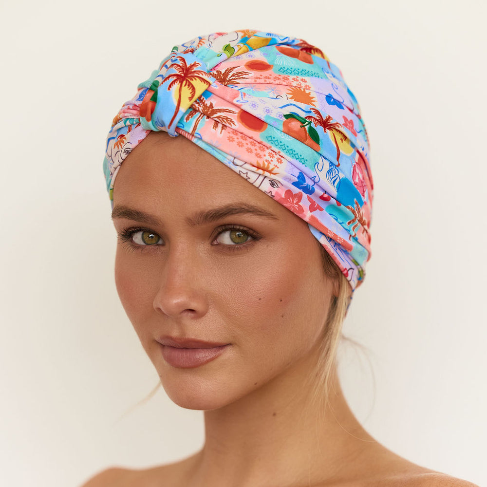 Louvelle Amelie shower cap in Pacific Paradise print, waterproof shower cap for frizz free hair