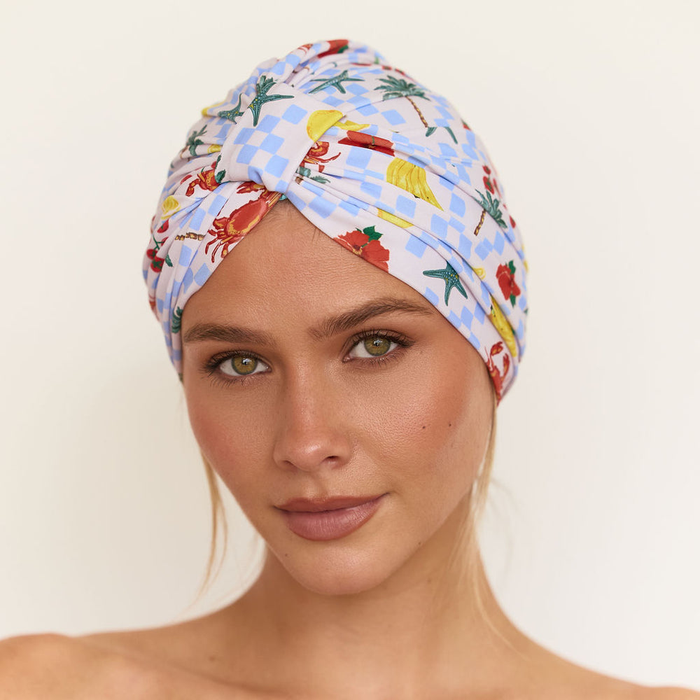 Louvelle Amelie shower cap in Hawaii Holiday print, waterproof shower cap for frizz free hair