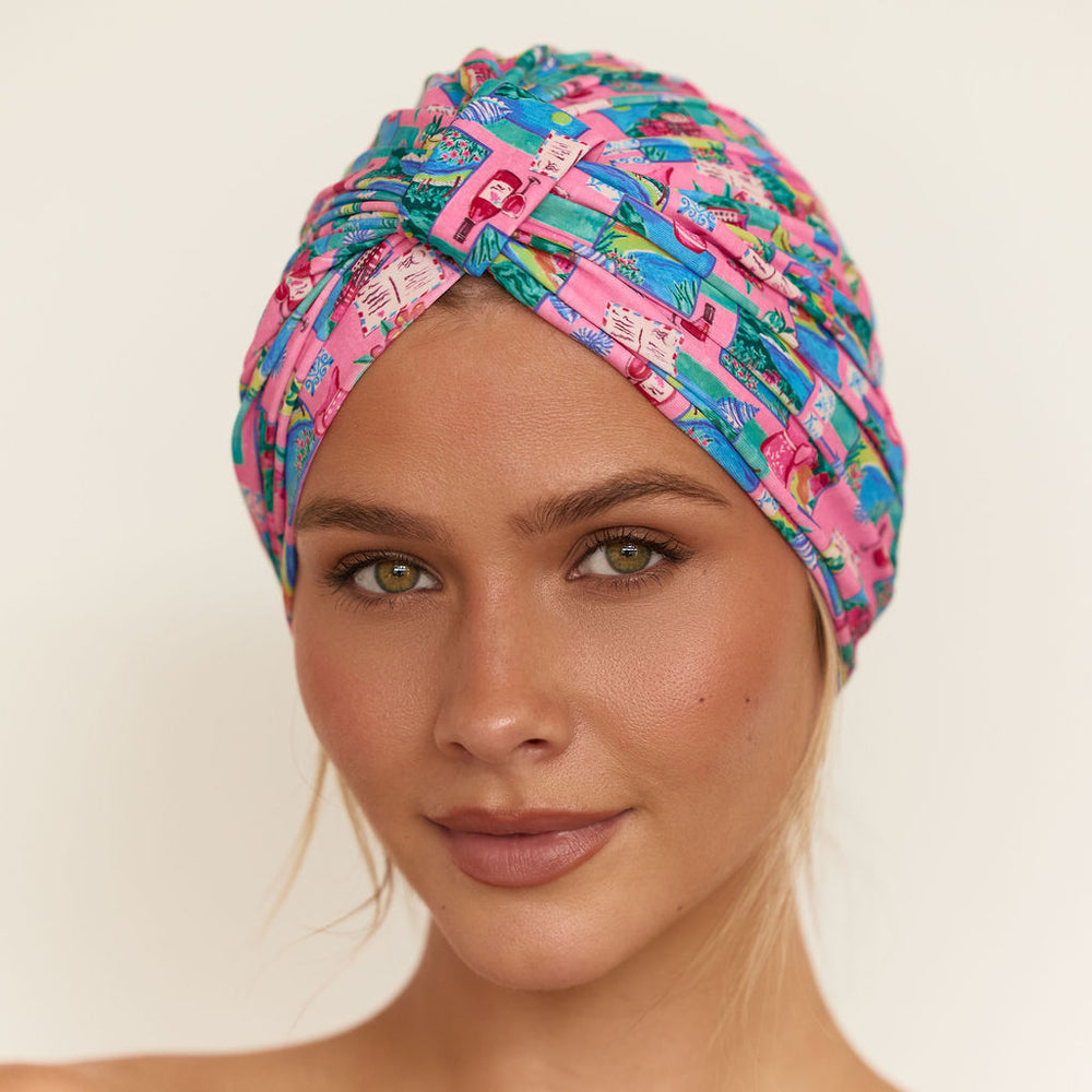 Louvelle Amelie shower cap in Pink Postcards print, waterproof shower cap for frizz free hair