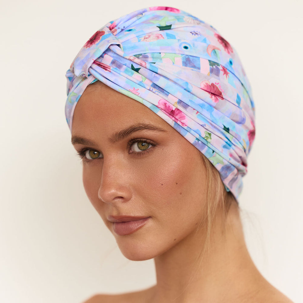 Louvelle Amelie shower cap in Magique print by Annie Everingham, waterproof shower cap for frizz free hair