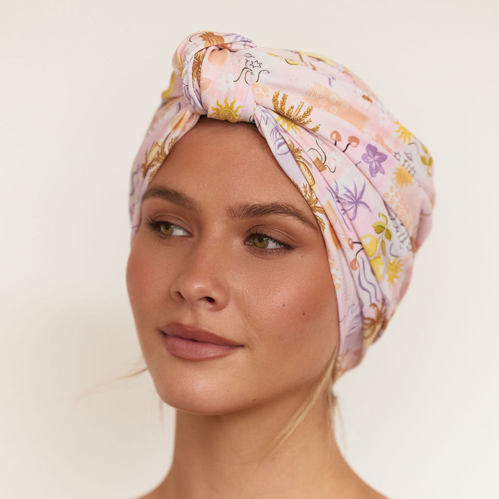 Louvelle Dahlia Big Hair XL shower cap in Lemon Lover print for long, thick or curly hair