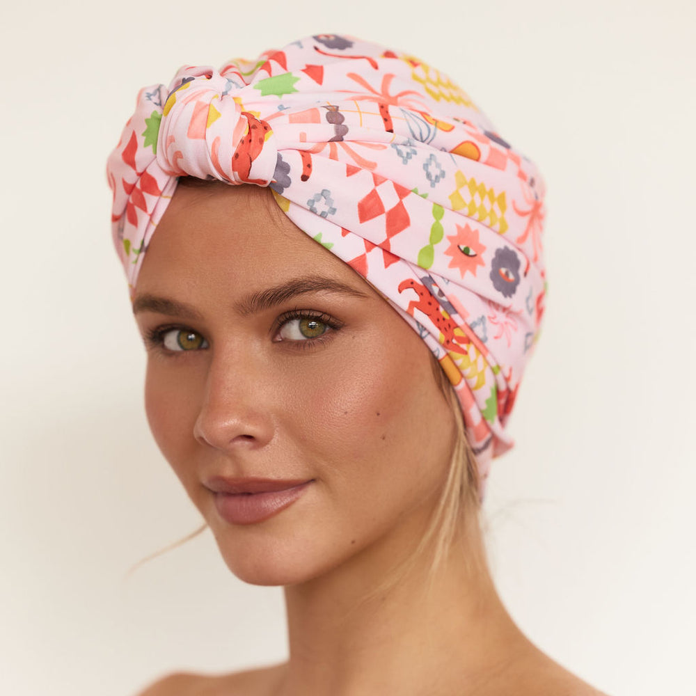 Louvelle Dahlia Big Hair XL shower cap in Santorini Sun print for long, thick or curly hair