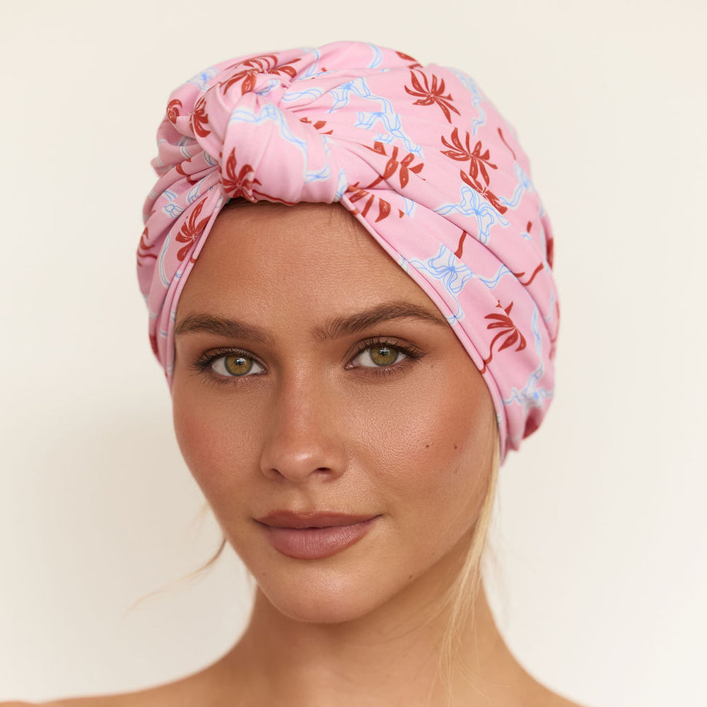Louvelle Dahlia Big Hair XL shower cap in Moroccan Palm print for long, thick or curly hair