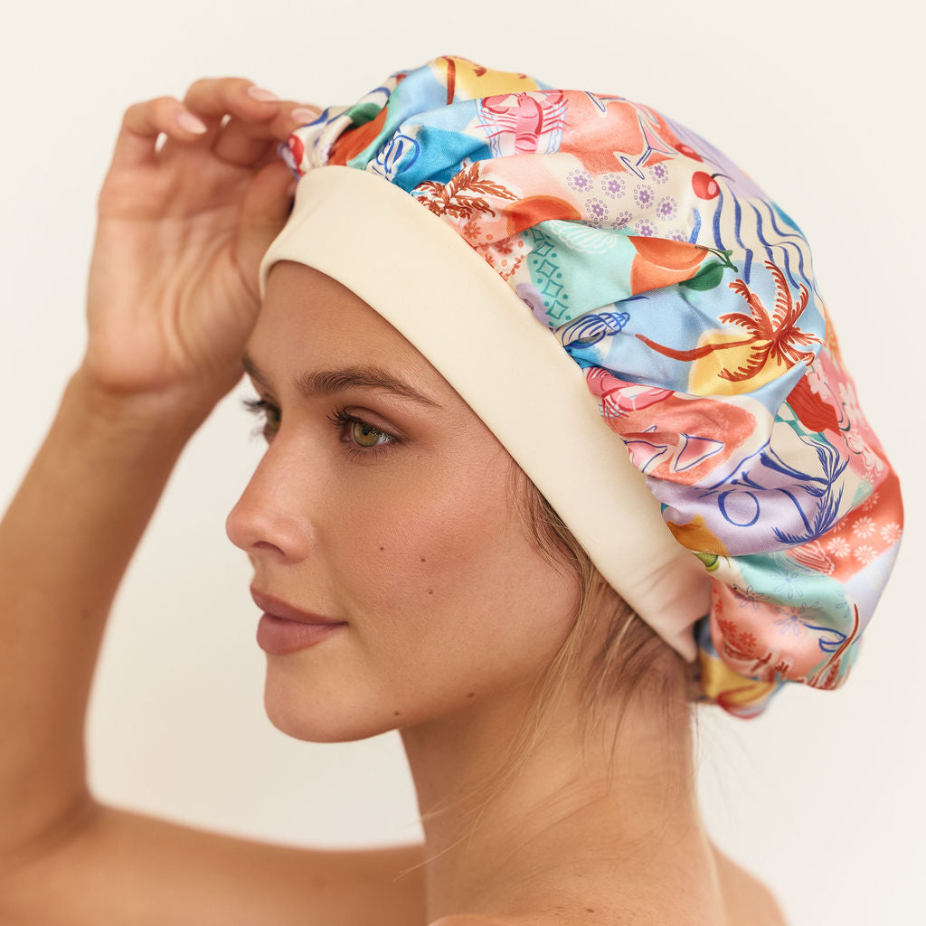 Louvelle satin sleep bonnet in Pacific Paradise print, double layered satin bonnet to protect hair overnight
