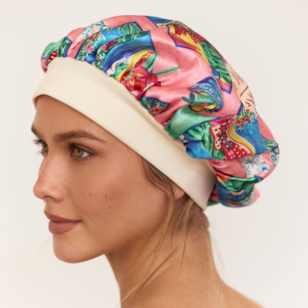 Louvelle satin sleep bonnet in Pink Postcards print, double layered satin bonnet to protect hair overnight