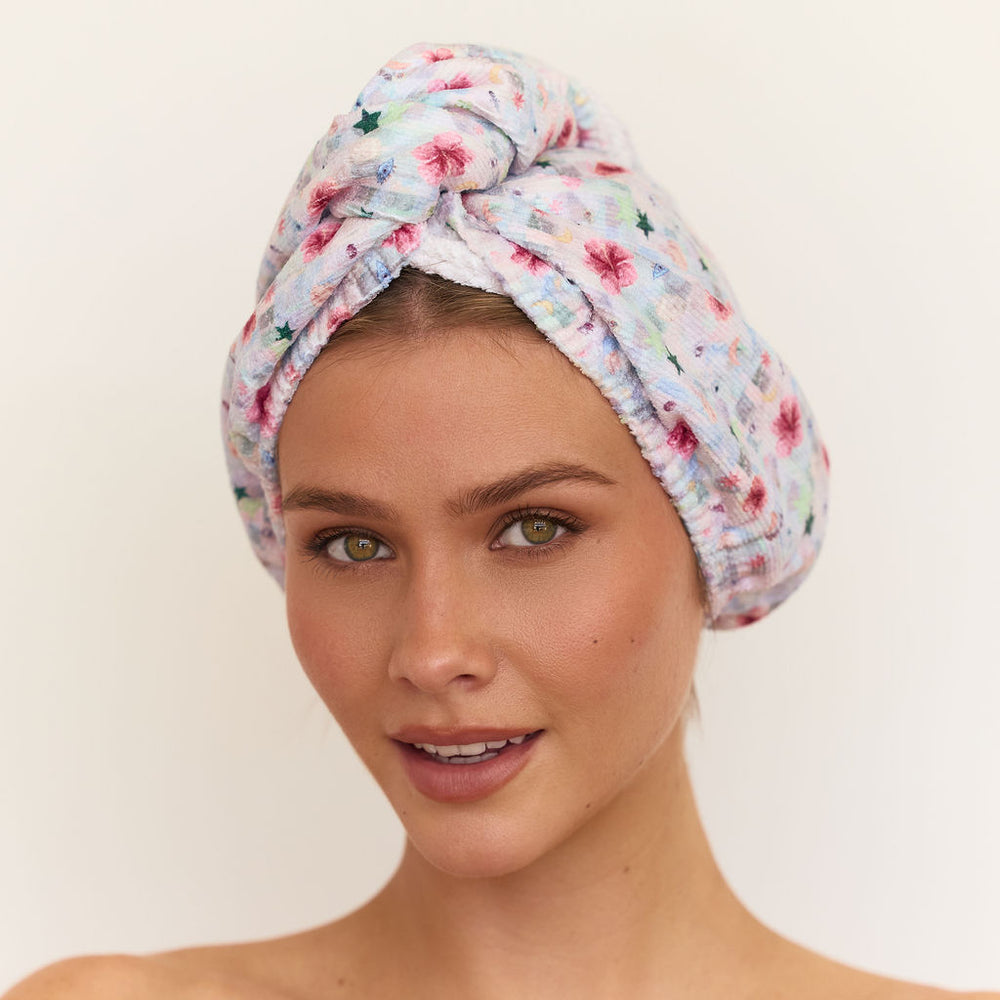 Louvelle Riva microfibre hair towel wrap in Magique print by Annie Everingham for fast, gentle drying