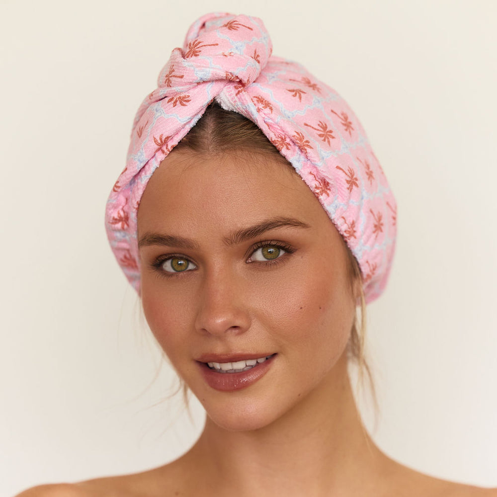 Louvelle Riva microfibre hair towel wrap in Moroccan Palm print for fast, gentle drying