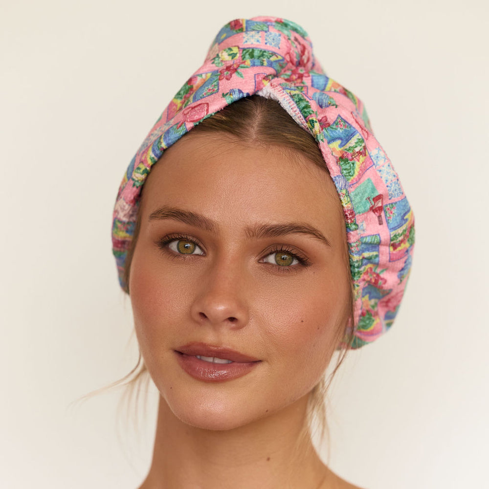 Louvelle Riva microfibre hair towel wrap in Pink Postcards print for fast, gentle drying