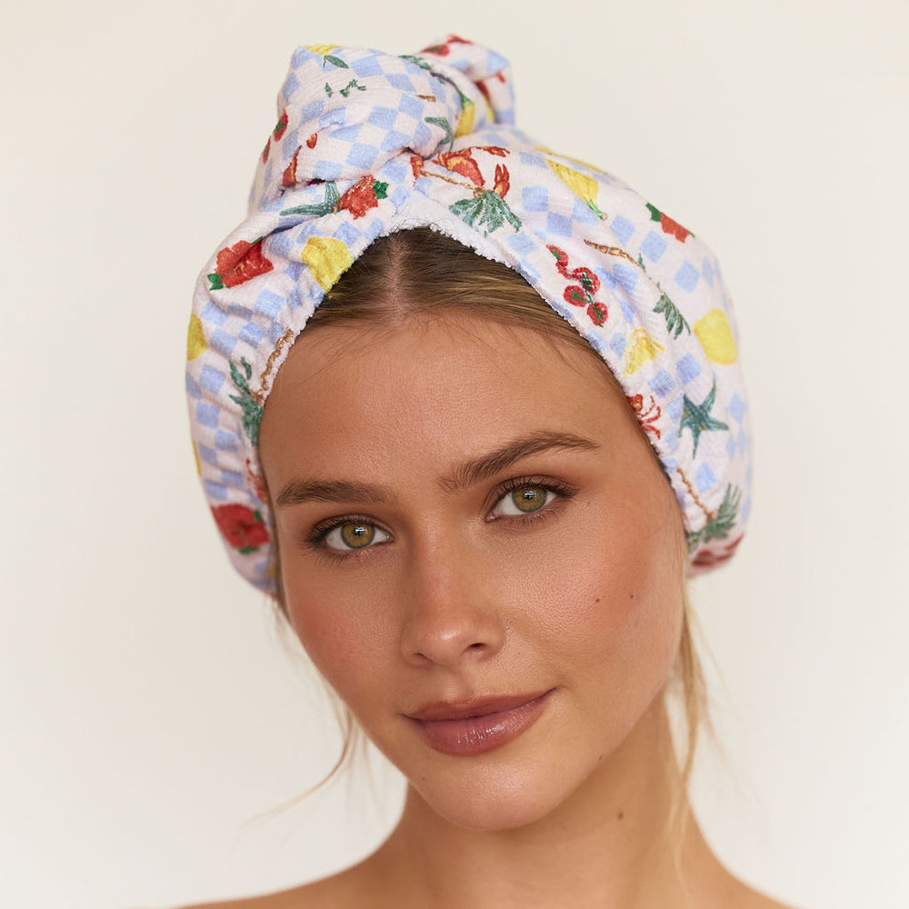 Louvelle Riva microfibre hair towel wrap in Hawaii Holiday print for fast, gentle drying