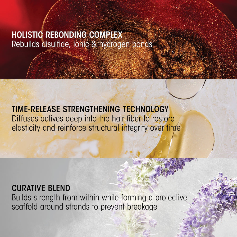 Oribe Hair Alchemy Bond Building Elixir key ingredients graphic showing Holistic Rebonding Complex, time-release strengthening technology and curative blend