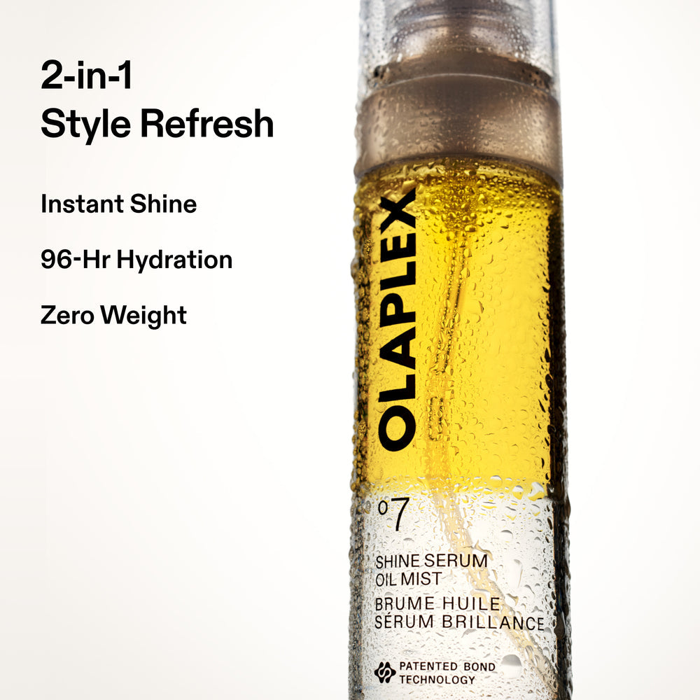 Olaplex No.7 Shine Serum Oil Mist 2-in-1 style refresh graphic showing instant shine, 96-hour hydration and zero weight claims