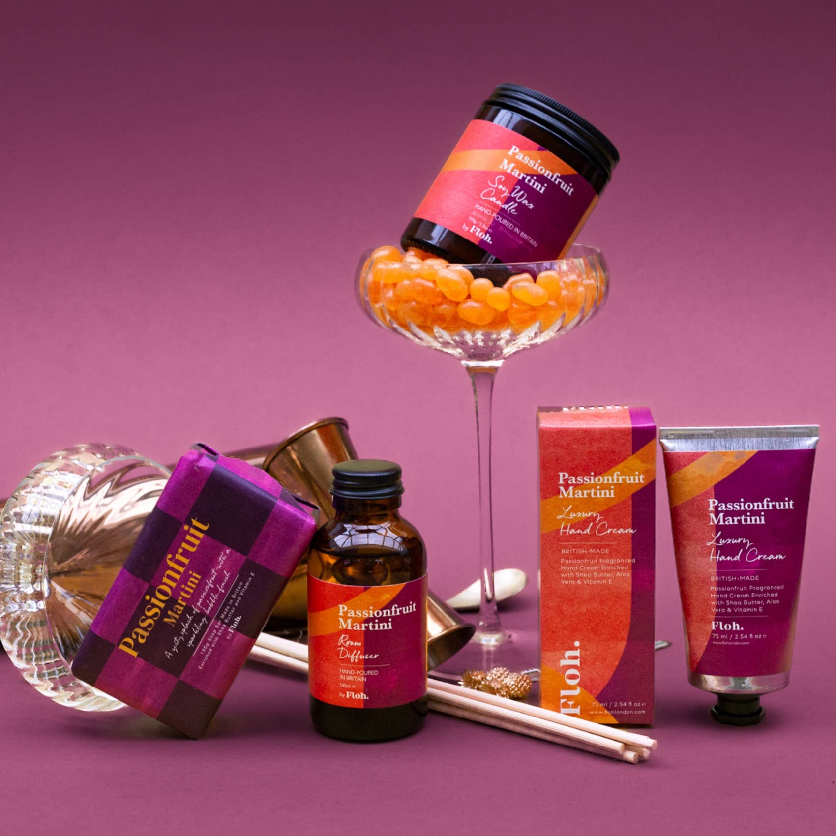Toasted Crumpet Passionfruit Martini soap bar shown with the wider passionfruit martini range on a purple background