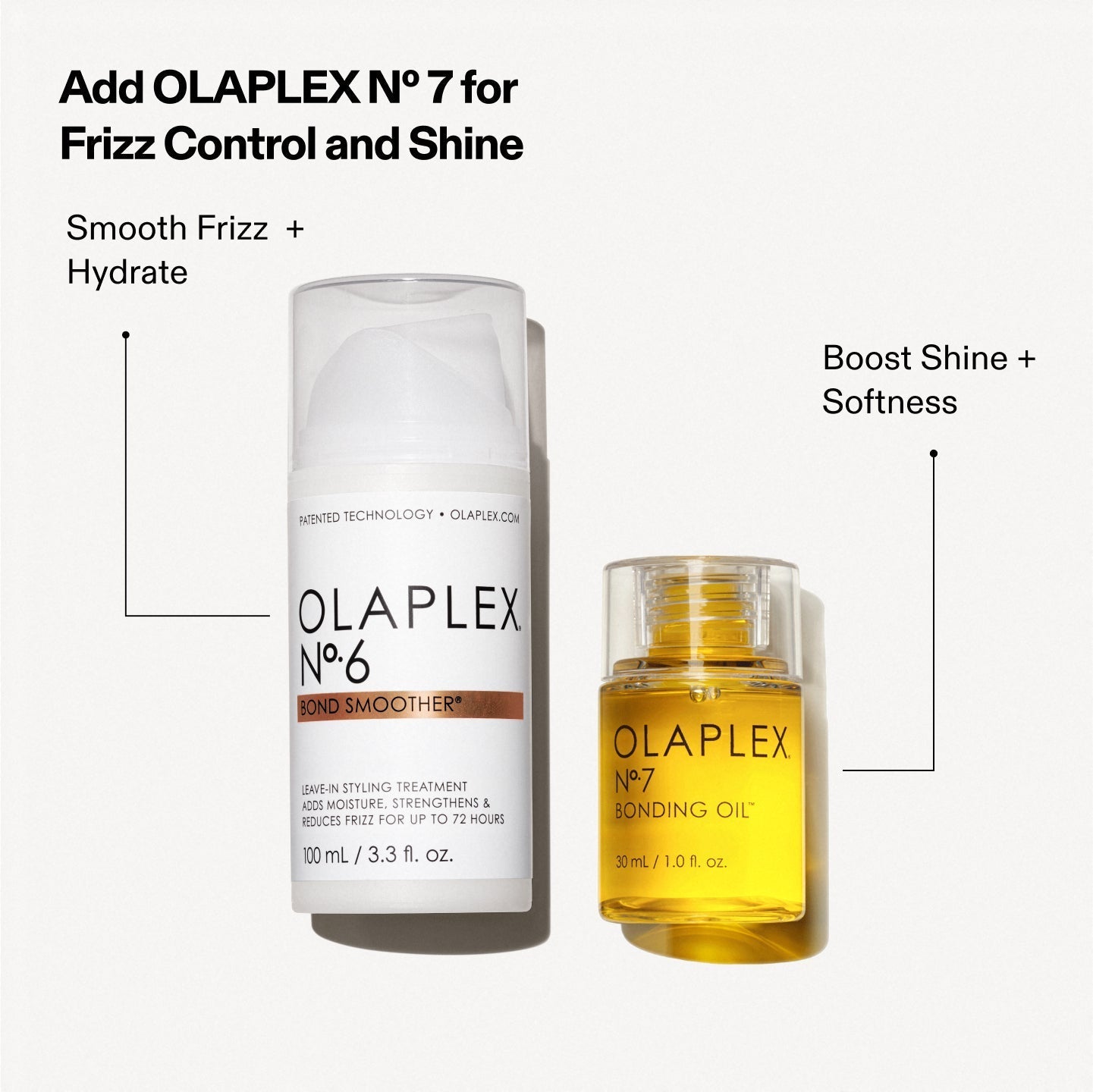 Olaplex No.6 Bond Smoother with No.7 Bonding Oil styling routine for frizz control and shine