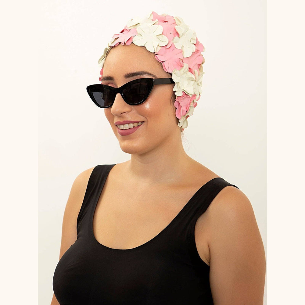 Kores Vintage Swim Cap in Marshmallow, retro swim cap with pink and cream flowers