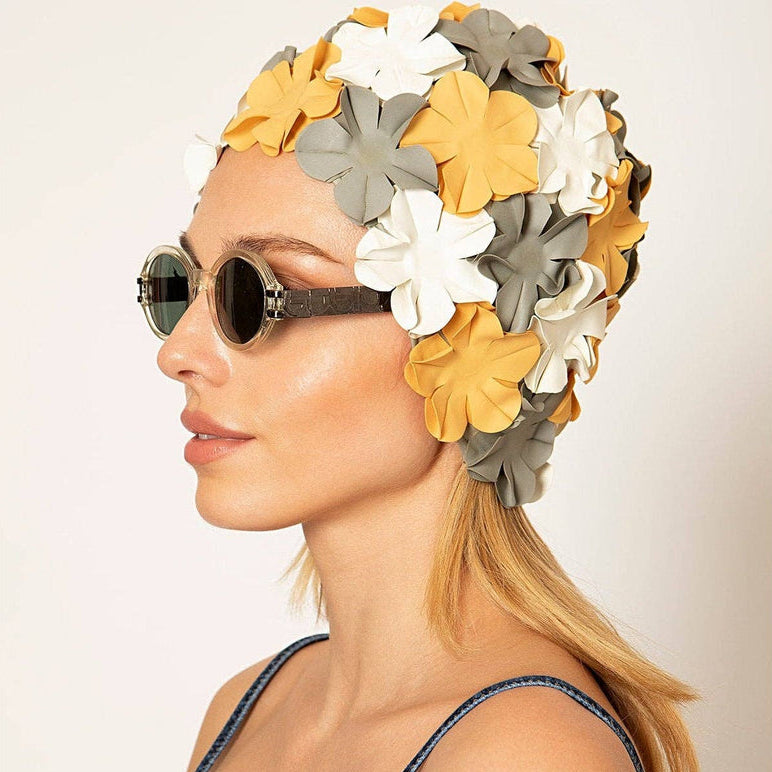 Kores Vintage Swim Cap in Multicolour, retro swim cap with yellow, white and olive flowers