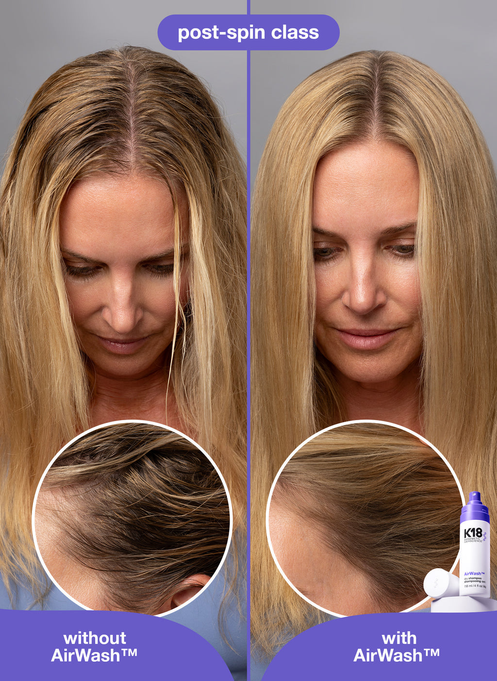 K18 AirWash Dry Shampoo before and after on oily roots
