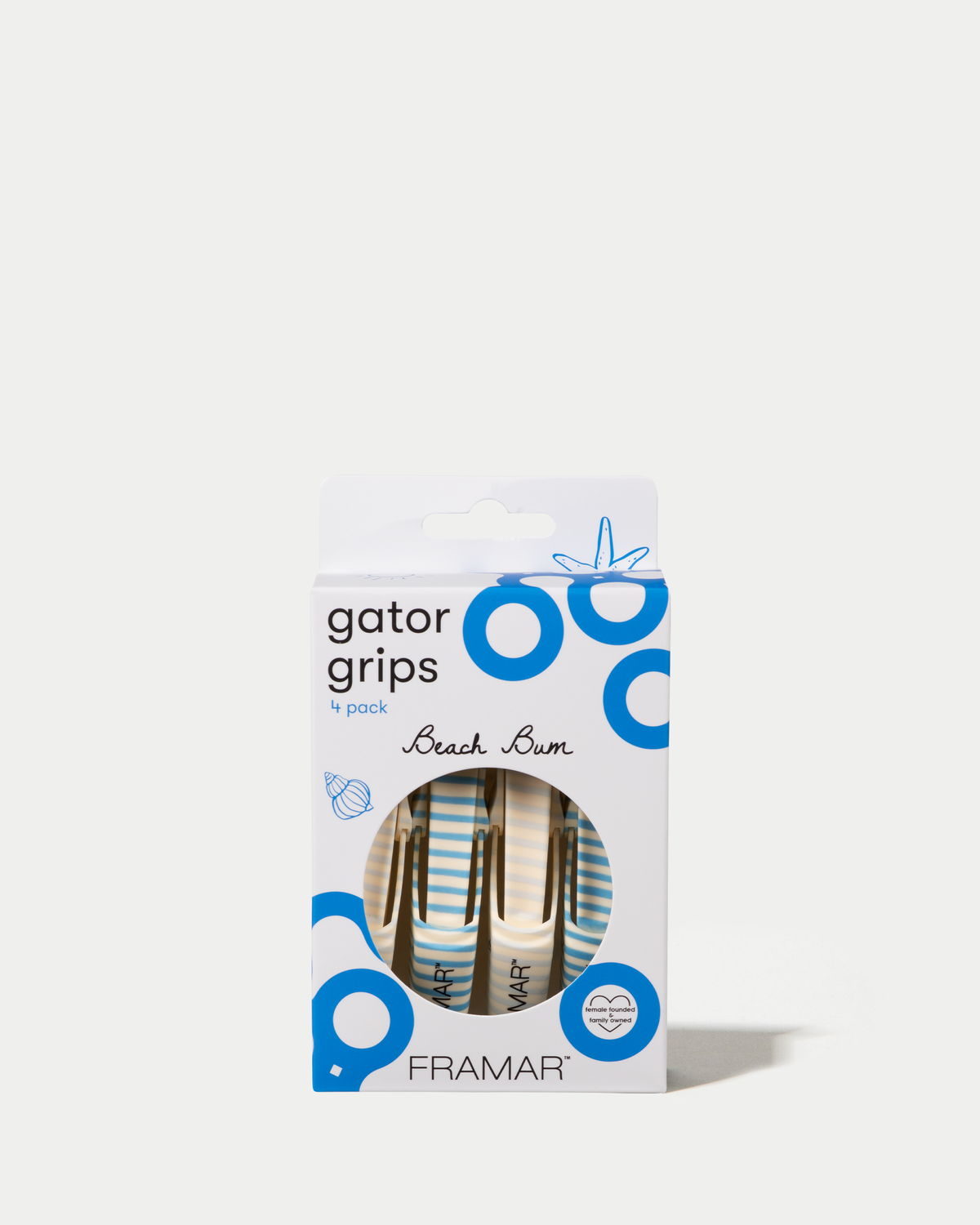 Framar Beach Bum Gator Grips 4 pack in blue and white packaging