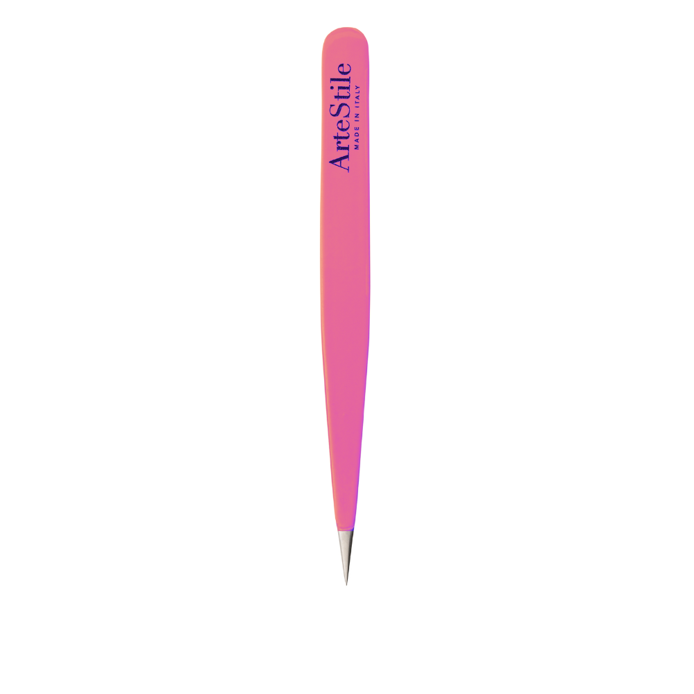 ArteStile Point Tweezers in Bubblegum pink, white background packshot of Italian made point tip tweezers