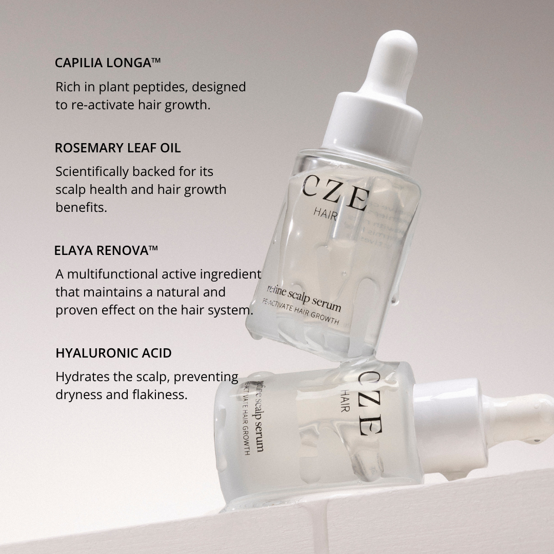 CZE Refine Scalp Serum key ingredients Capilia Longa, Elaya Renova, rosemary and hyaluronic acid