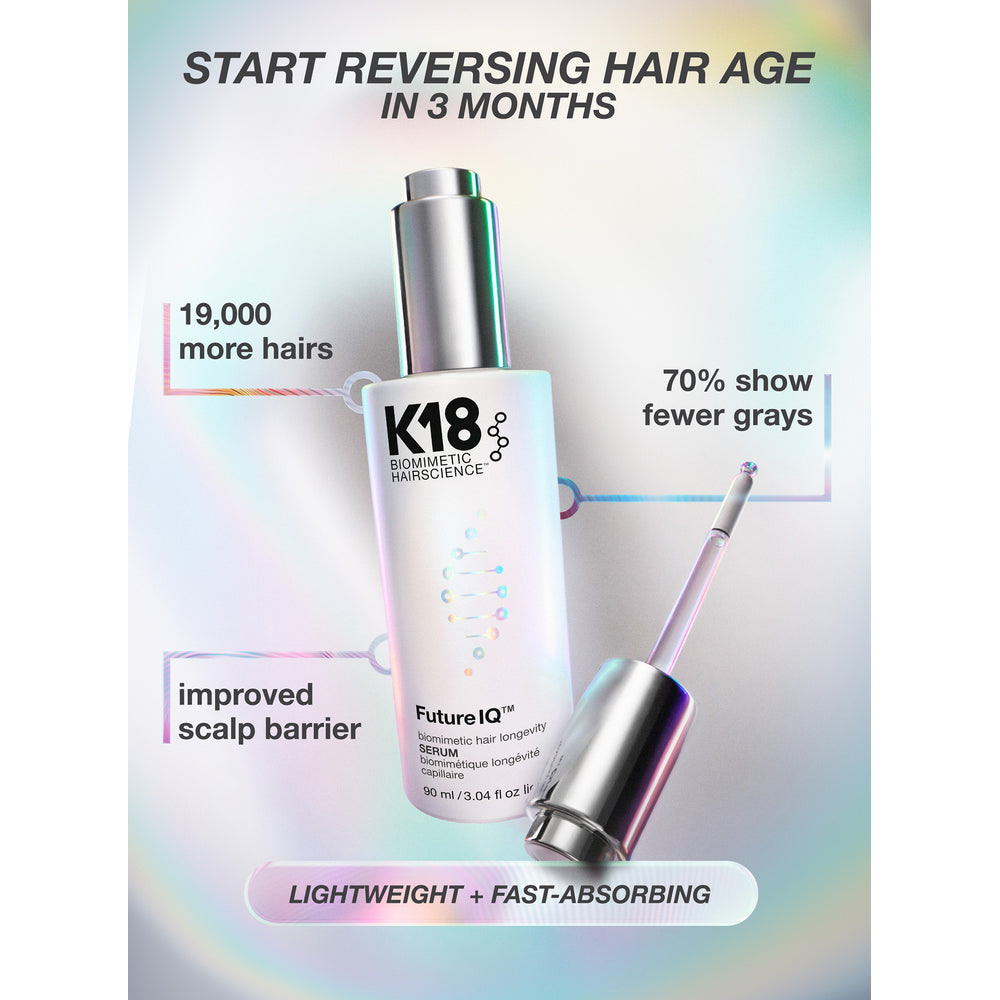 K18 FutureIQ Hair Longevity Serum 90ml with dropper showing 19,000 more hairs, 70% fewer greys and improved scalp barrier