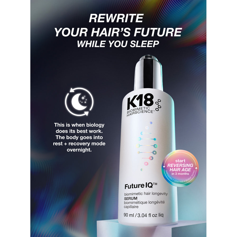 K18 FutureIQ Biomimetic Hair Longevity Serum 90ml bottle, designed for nightly use while you sleep