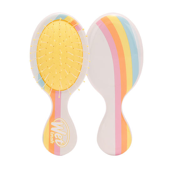 Wet Brush Endless Summer Mini Detangler in Rays, yellow and pastel print, front and back view on white background