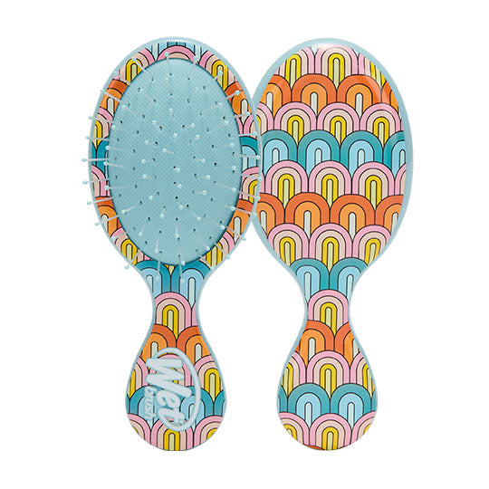 Wet Brush Endless Summer Mini Detangler in Rainbows, retro rainbow arch print, front and back view on white background