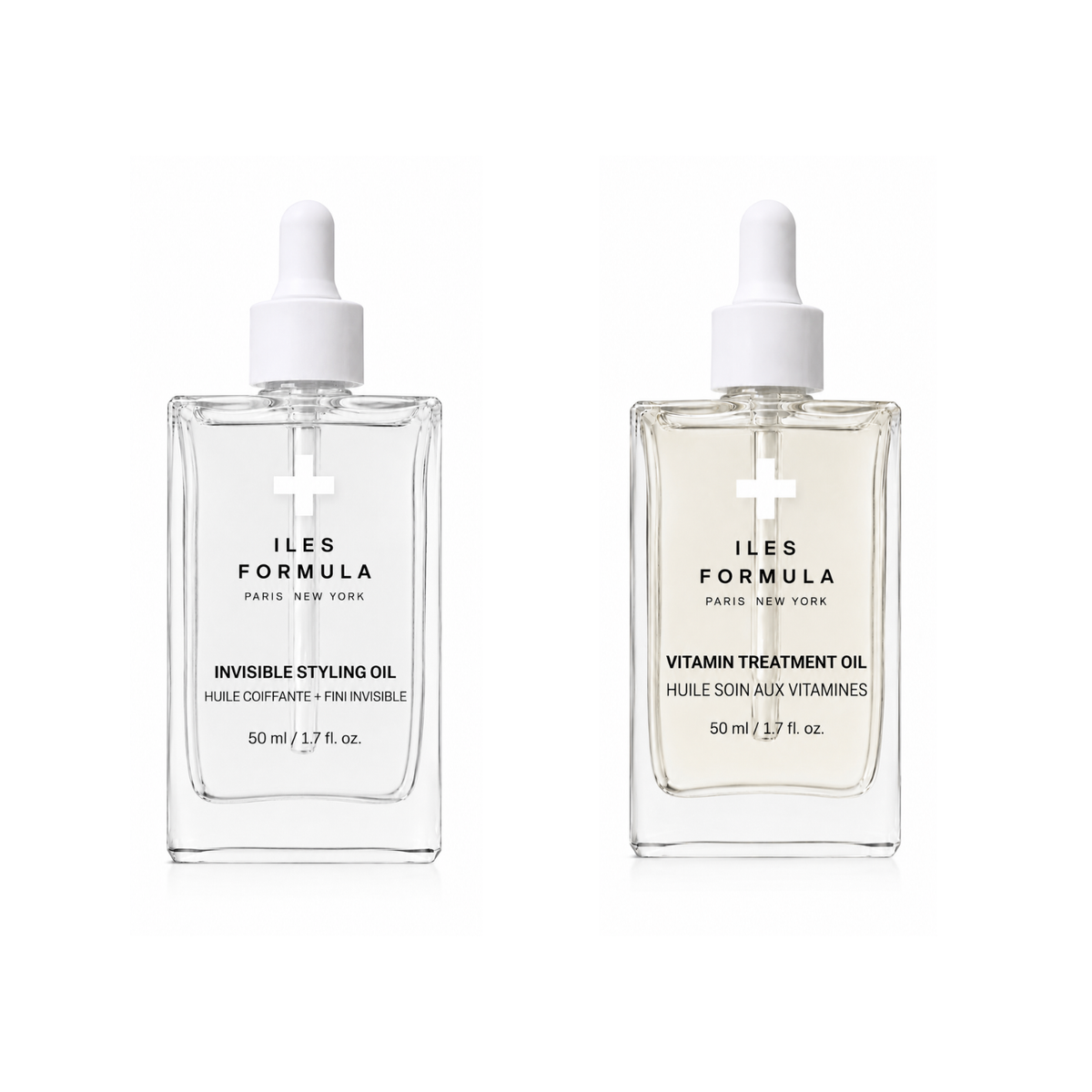 Iles Formula Invisible Styling Oil and Vitamin Treatment Oil 50ml dropper bottles side by side