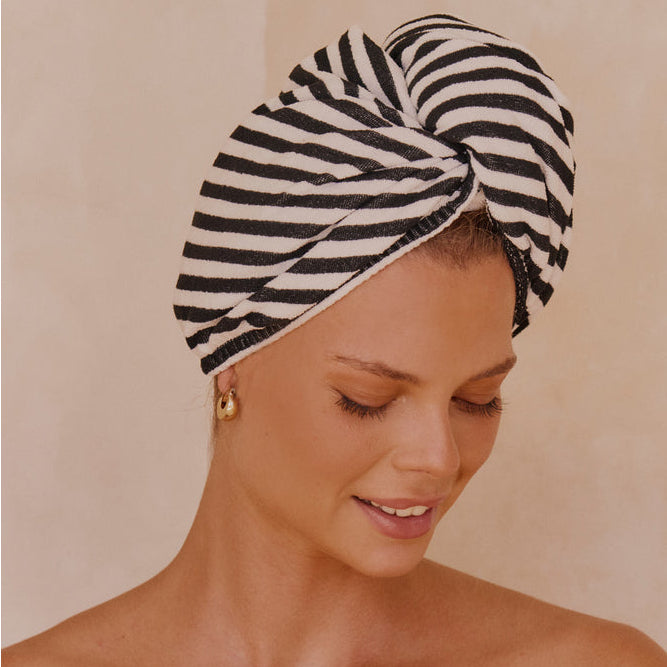 Louvelle Riva microfibre hair towel wrap in Monochrome Stripe print for fast, gentle drying