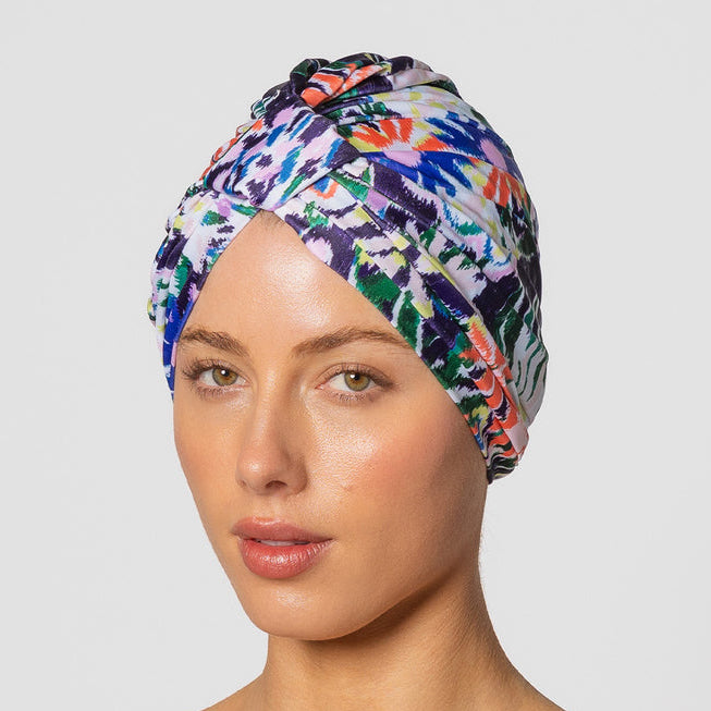 Louvelle Amelie shower cap in Floral Ikat print, waterproof shower cap for frizz free hair