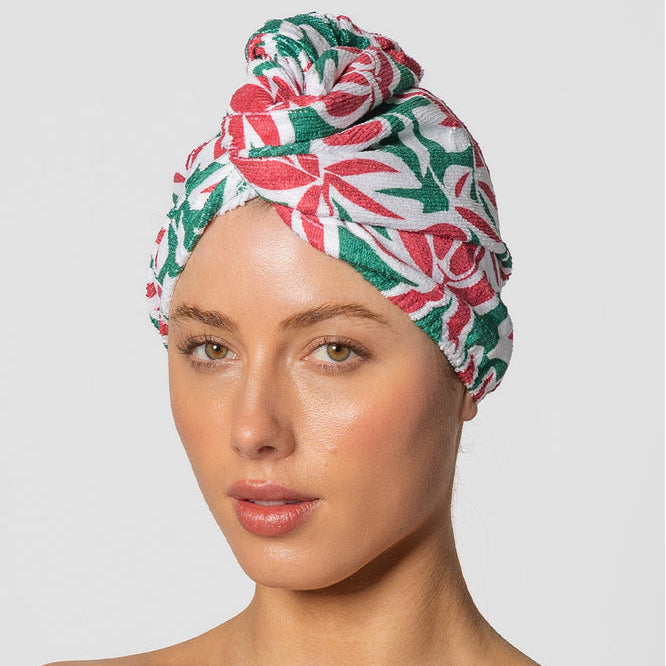 Louvelle Riva microfibre hair towel wrap in Palazzo stripe print for fast, gentle drying