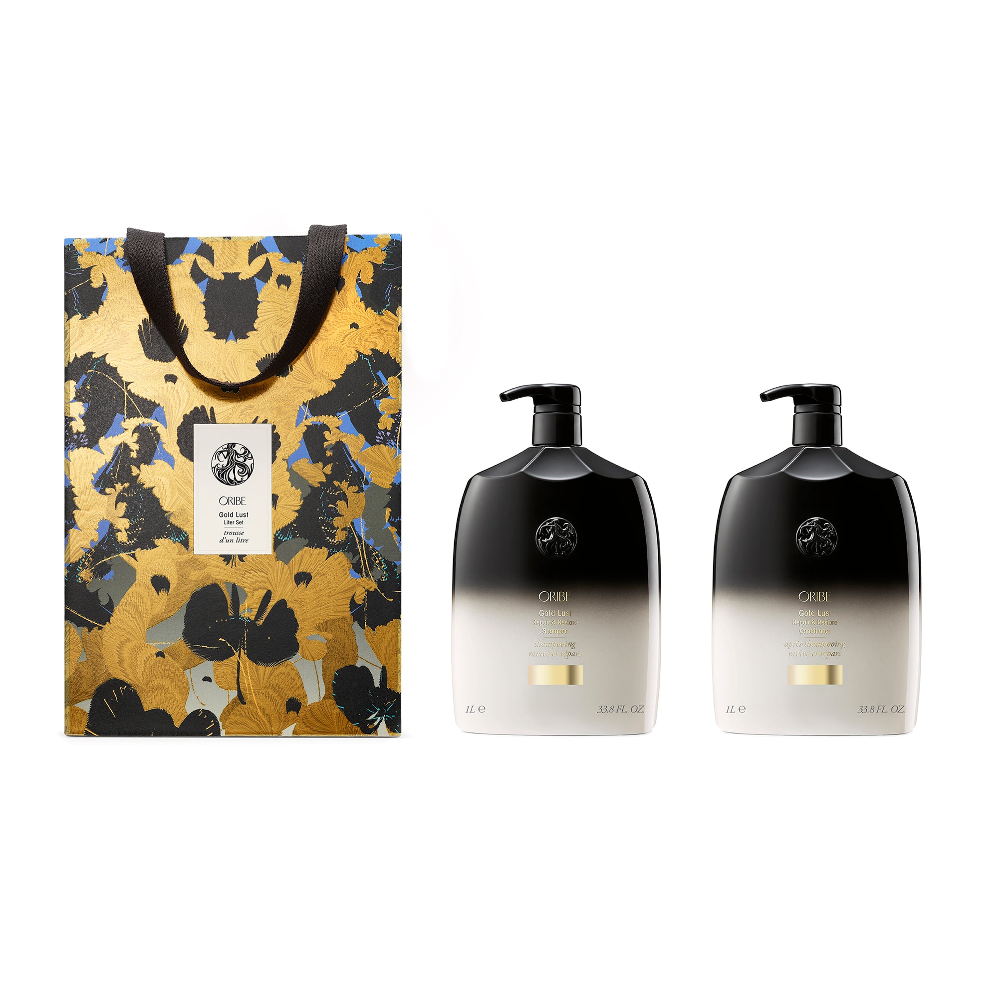 Oribe Gold Lust Liter Holiday Set – 1 L shampoo and conditioner duo in limited-edition Kustaa Saksi holiday packaging.