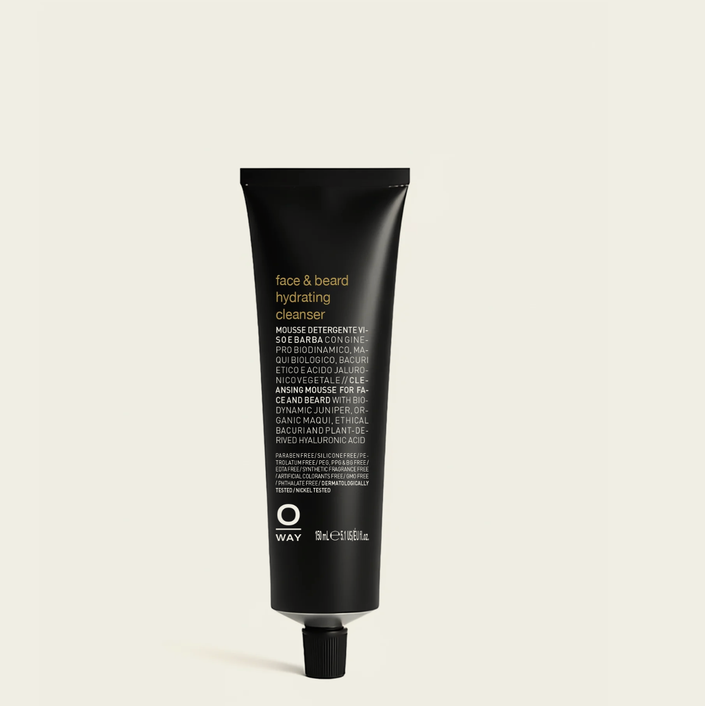 Oway Face & Beard Hydrating Cleanser -Black tube of 'face & beard hydrating' product on a beige background