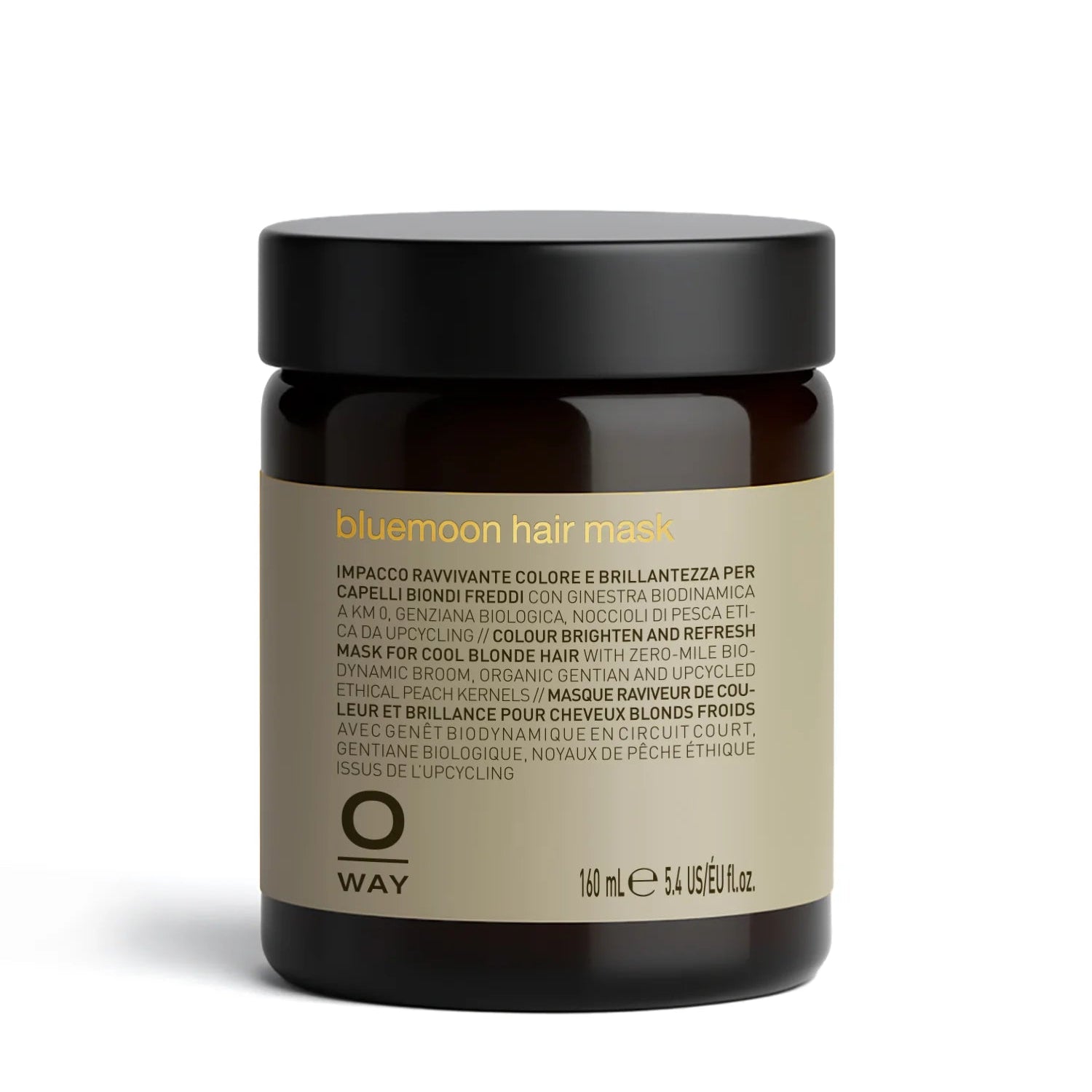 Oway Bluemoon hair mask jar with black lid on a white background