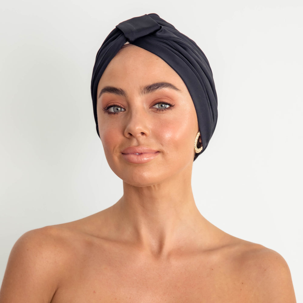 Louvelle Amelie shower cap in Black, waterproof shower cap for frizz free hair