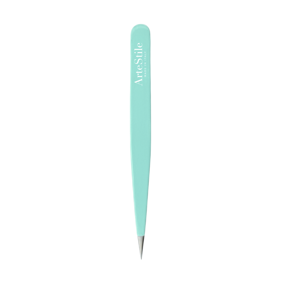 ArteStile Point Tweezers in Turquoise, white background packshot of Italian made point tip tweezers
