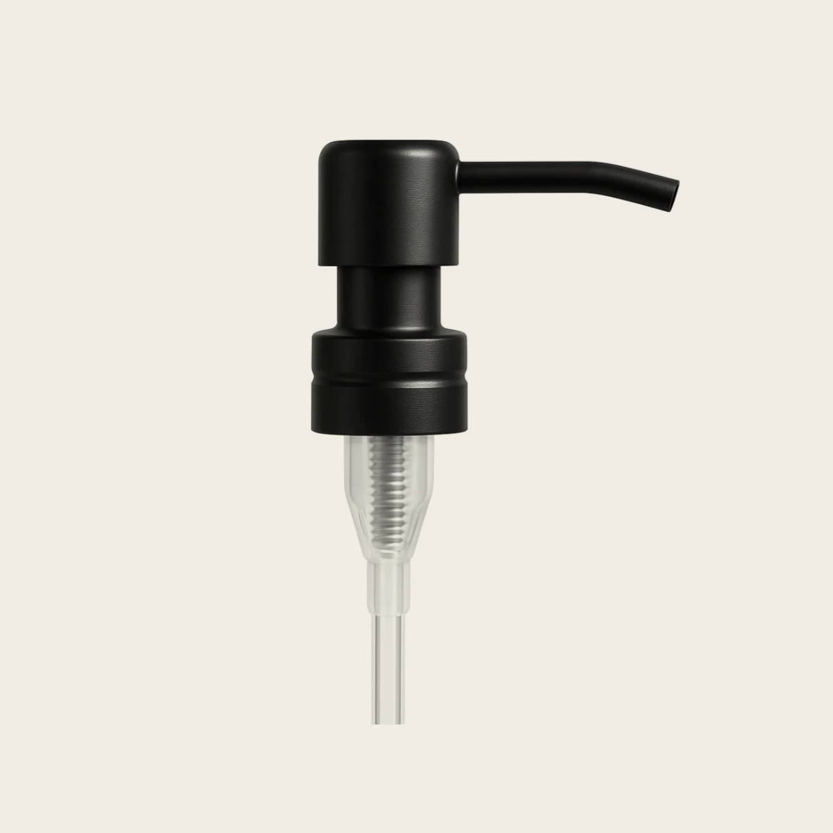 A matte black countertop liquid dispenser with a clear plastic tube base, shown against a solid light beige background.