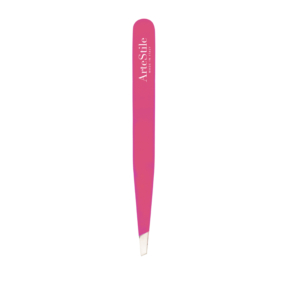 ArteStile Slant Tweezers in Bubblegum pink, white background packshot of Italian made slant tip brow tweezers