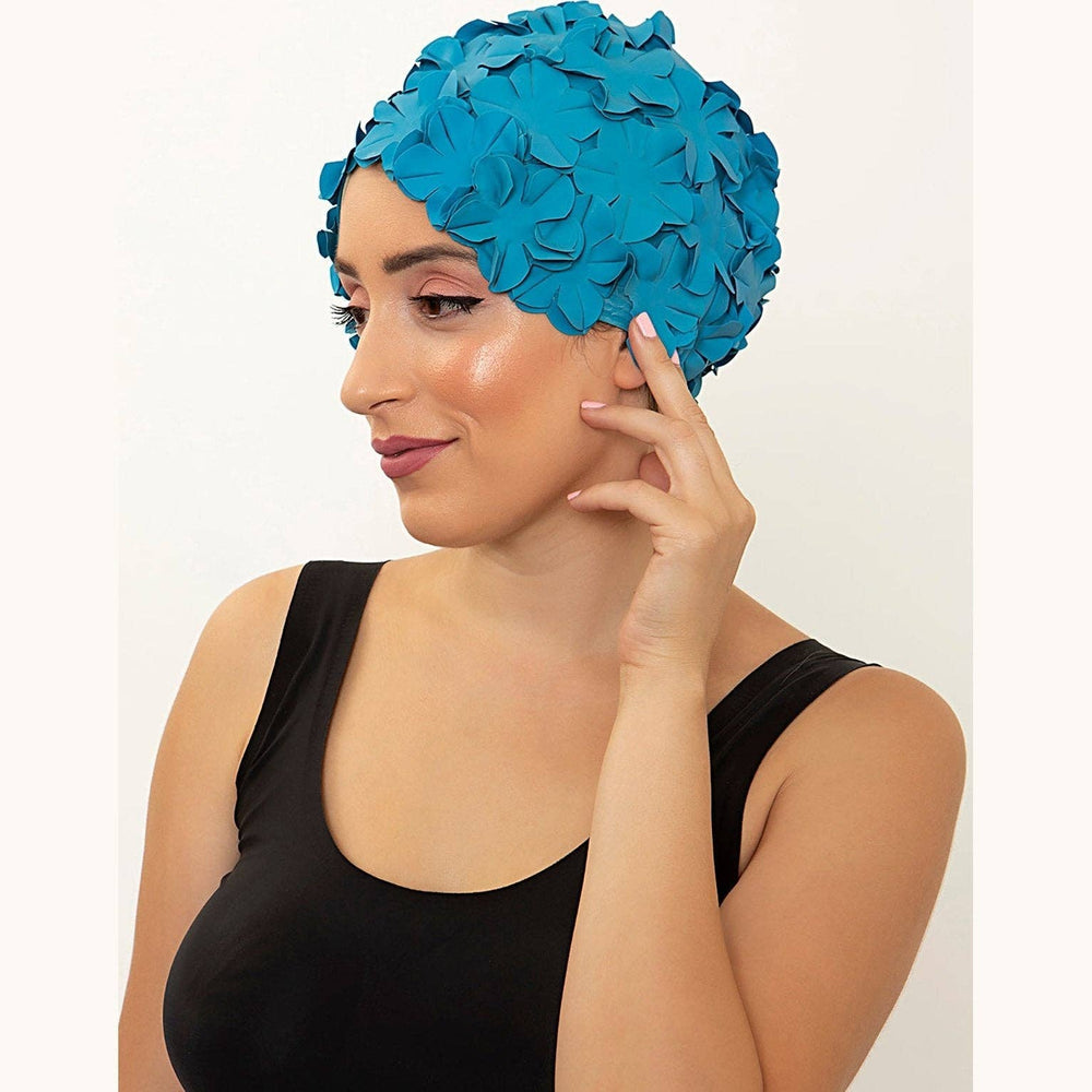 Kores Vintage Swim Cap in Light Blue, bright blue flower swim cap