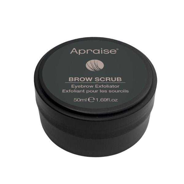 Black container of Apraise Brow Scrub on a white background