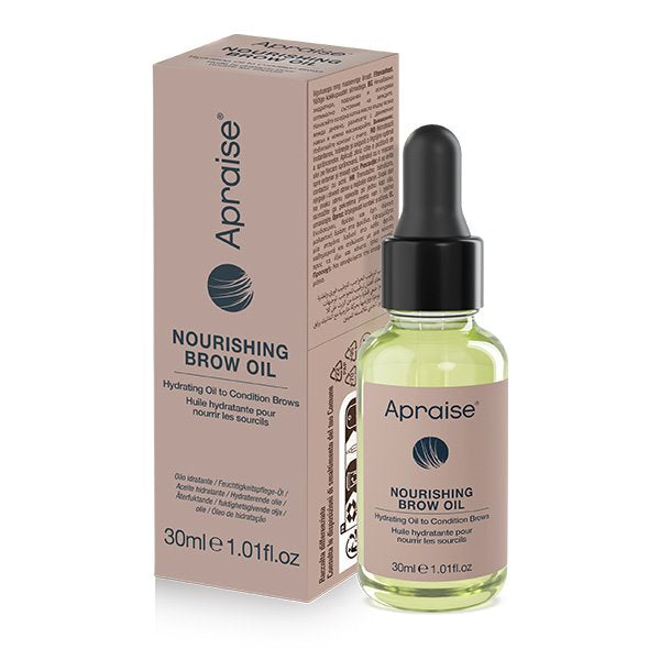 Apraise nourishing brow oil with dropper and packaging on a white background