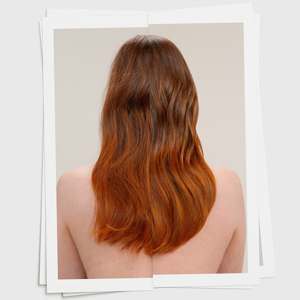 Hair before and after Davines Beautiful Things Restoring Leave-In Mask showing smooth restored lengths