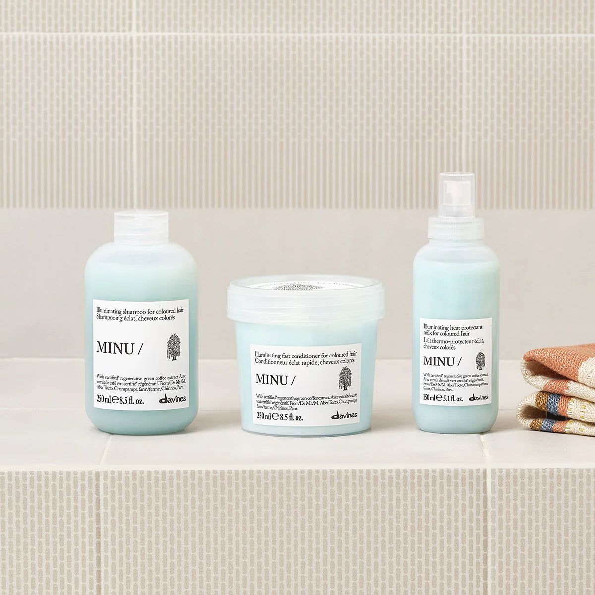 Davines MINU range with shampoo, conditioner and milk