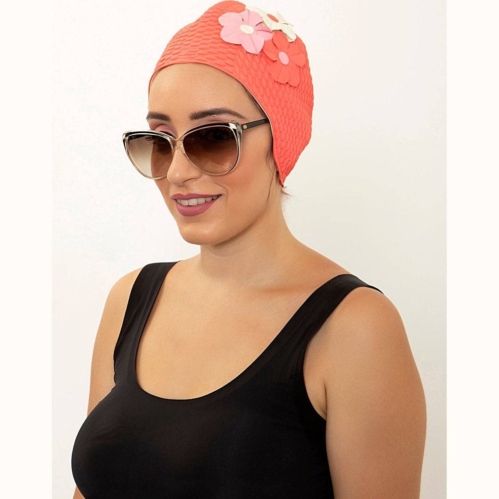 Kores 3 Flowers Swim Cap in Fuchsia 484, coral retro swim cap with pink flowers