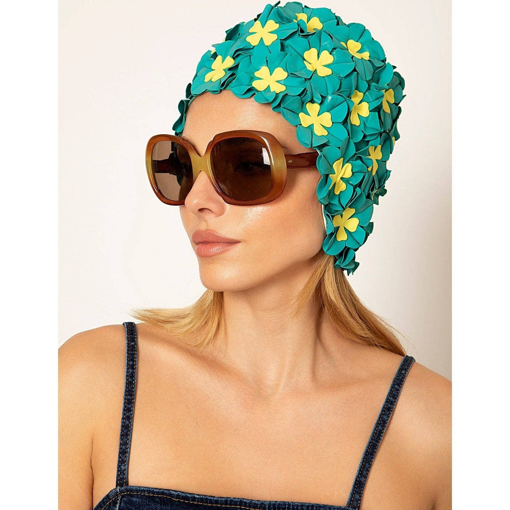 Kores Vintage Swim Cap in Emerald Bon Bon, teal swim cap with yellow flowers